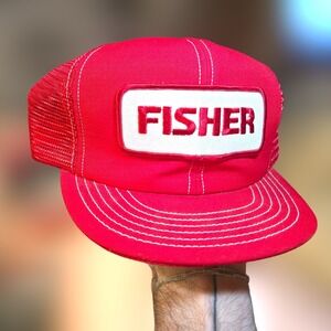 VTG FISHER DeLong Patch Hat CLEAN Trucker 1980s Snapback Red Patch Mesh USA EUC
